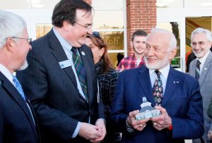 Germanna Chief Operating Officer Steven Hein, Marc Wheat, Buzz Aldrin and behind him, Germanna Community College President Dr.David A. Sam.