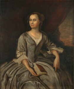 Painted portrait of Anne Butler Brayne Spotswood Thompson, sitting, slightly reclined, wearing a gray dress.