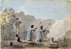 A painting of a white oversee smoking, looking on while two enslaved women use hoes to work the land.