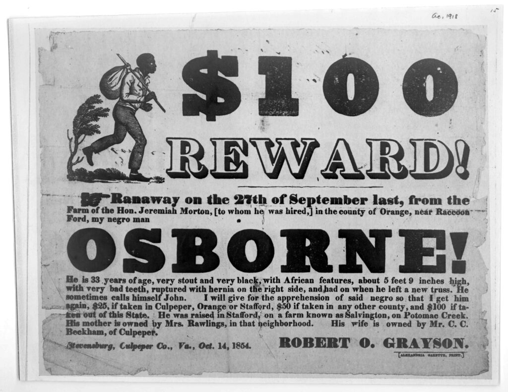 Black and white pamphlet advertising for the return of freedom seeker Osborne.