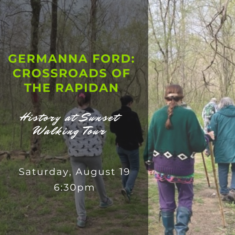 People walking along a trail with text Germanna Ford: Crossroads of the Rapidan overlaid